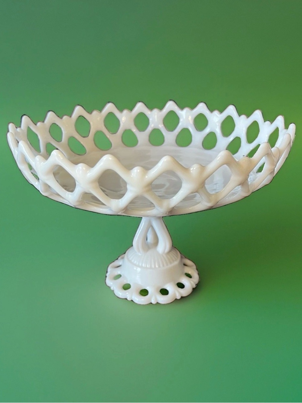 Vintage Westmoreland Doric Milk Glass Pedestal Compote Bowl Open Lace 10.5"